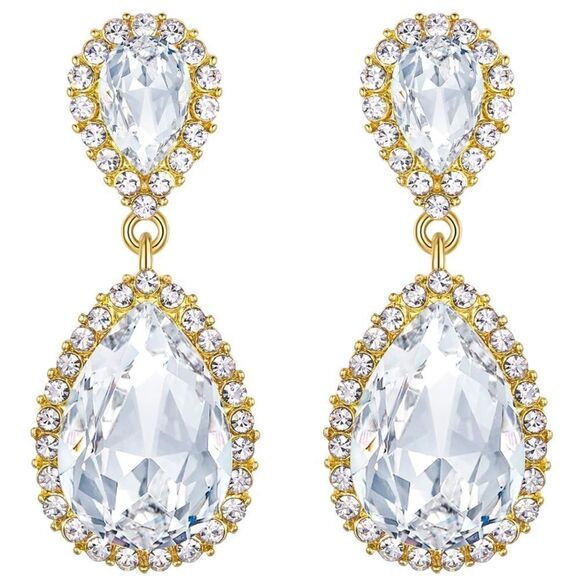 BijouStudios Earrings Jewelry - Yellow Gold with White Diamond Austrian Crystal Teardrop Post Back Earrings